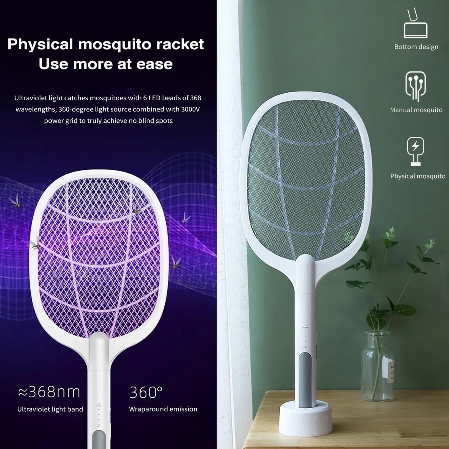 Mosquito Killer Swatter 2 In 1 Rechargeable Electric Racket And Lamp